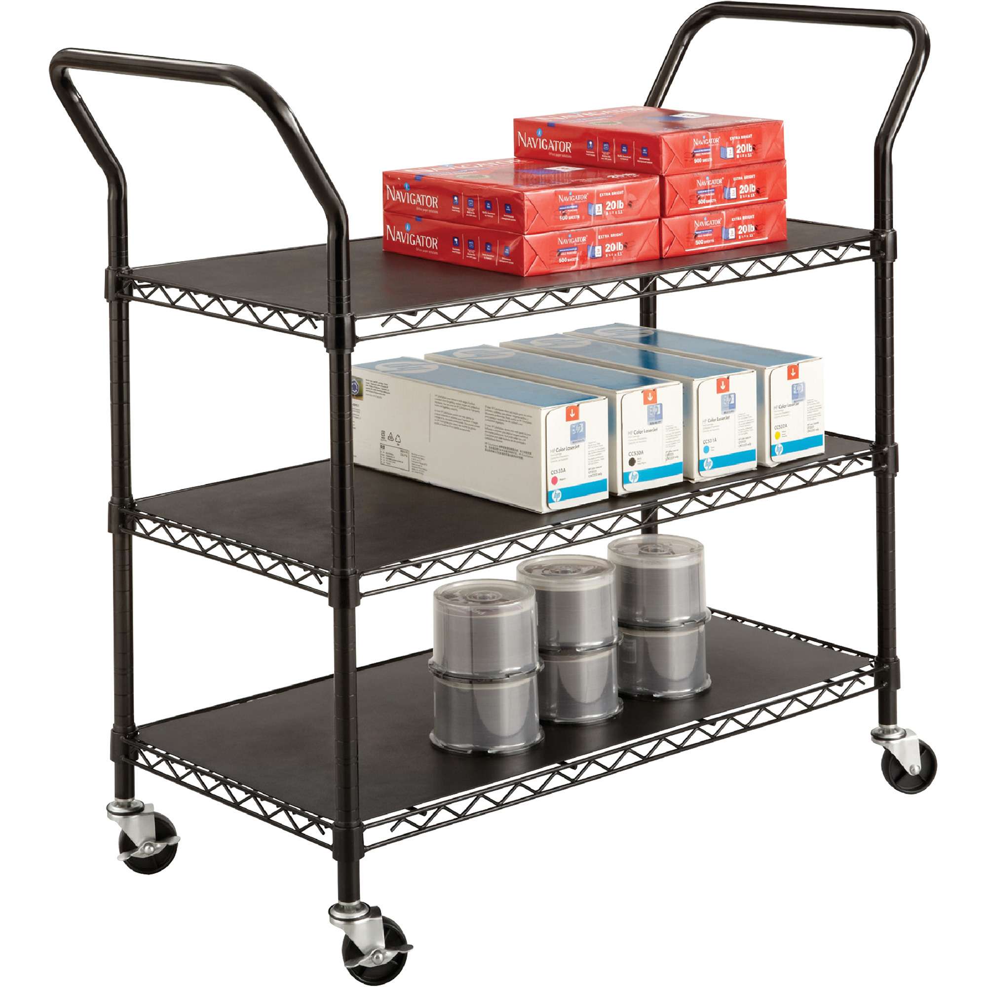 Safco WIre Utility Cart with 3 Adjustable Shelves, Black, 43 3/4in.W x 19 1/4in.D